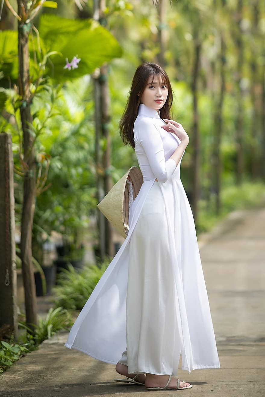 ao dai, móda, žena, vietnamština, Vietnamské národní šaty, White Ao Dai, kuželovitý klobouk, tradiční, Krásná, pěkný, dívka