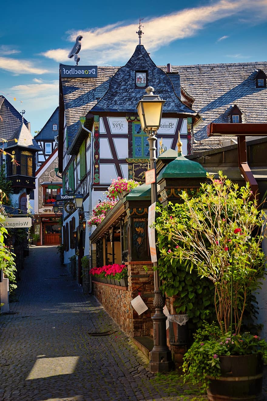 rüdesheim, ciutat, carrer, carreró, edificis amb entramat de fusta, edificis, edificis antics, truss, tradicional, Alemanya, Renània