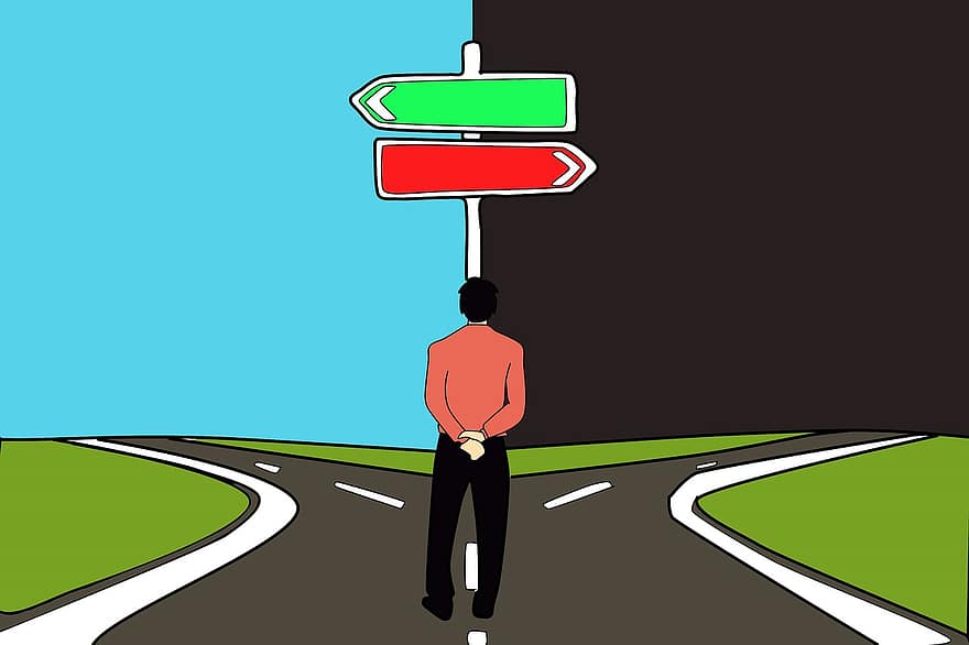 decisão, escolha, caminho, estrada, Certo e errado