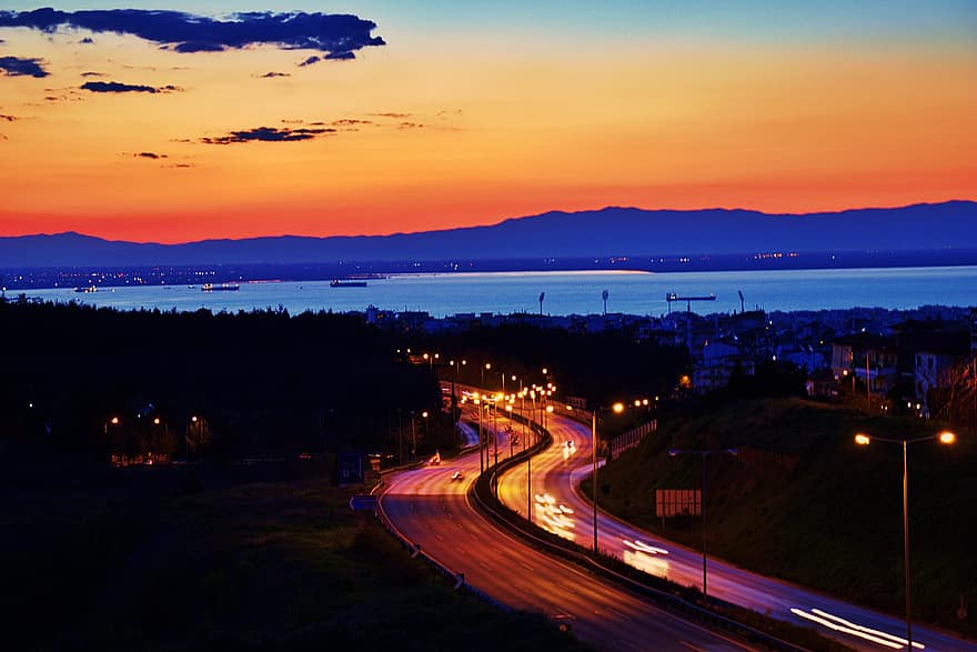 estrada, por do sol, mar, Grécia, Tessalônica