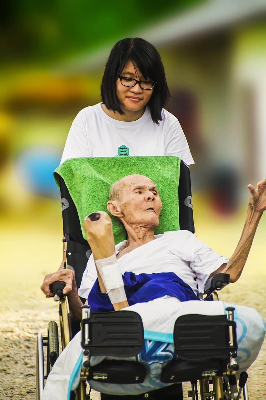 hospic, mladý a starý, péče, starší, starý, trpěliví, zakázáno, stáří, tlačí invalidní vozík, zdravotní péče, postižení