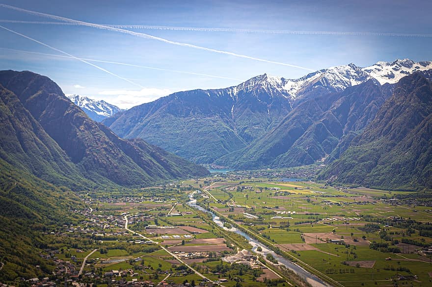 montagne, valle, cittadina, fiume, catena montuosa, montagnoso, natura, Alpi, alpino, scenario, panoramico