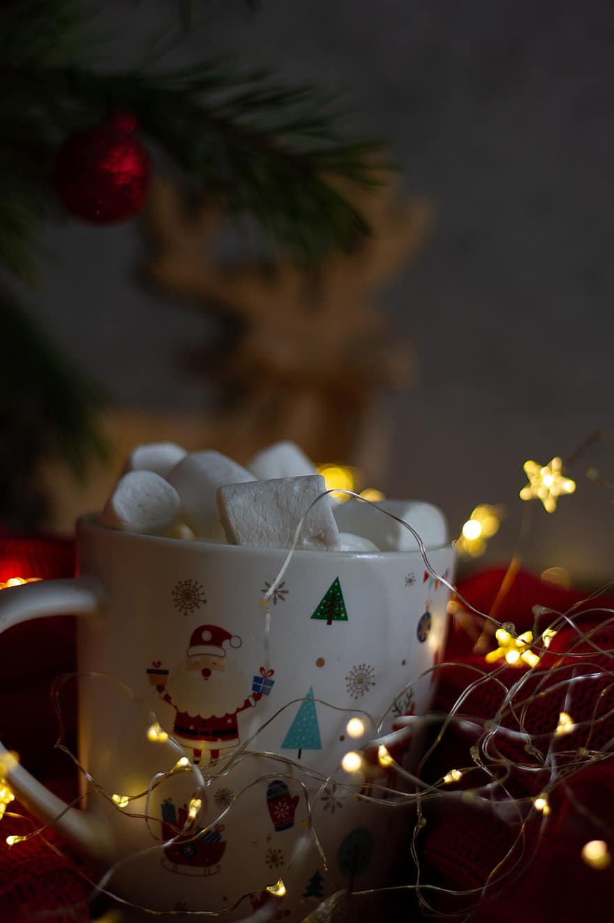 kubek, oświetlenie świąteczne, pianka, jedzenie, drink, czerwony koc, napój, Boże Narodzenie, bombka, gwiazda, cacko
