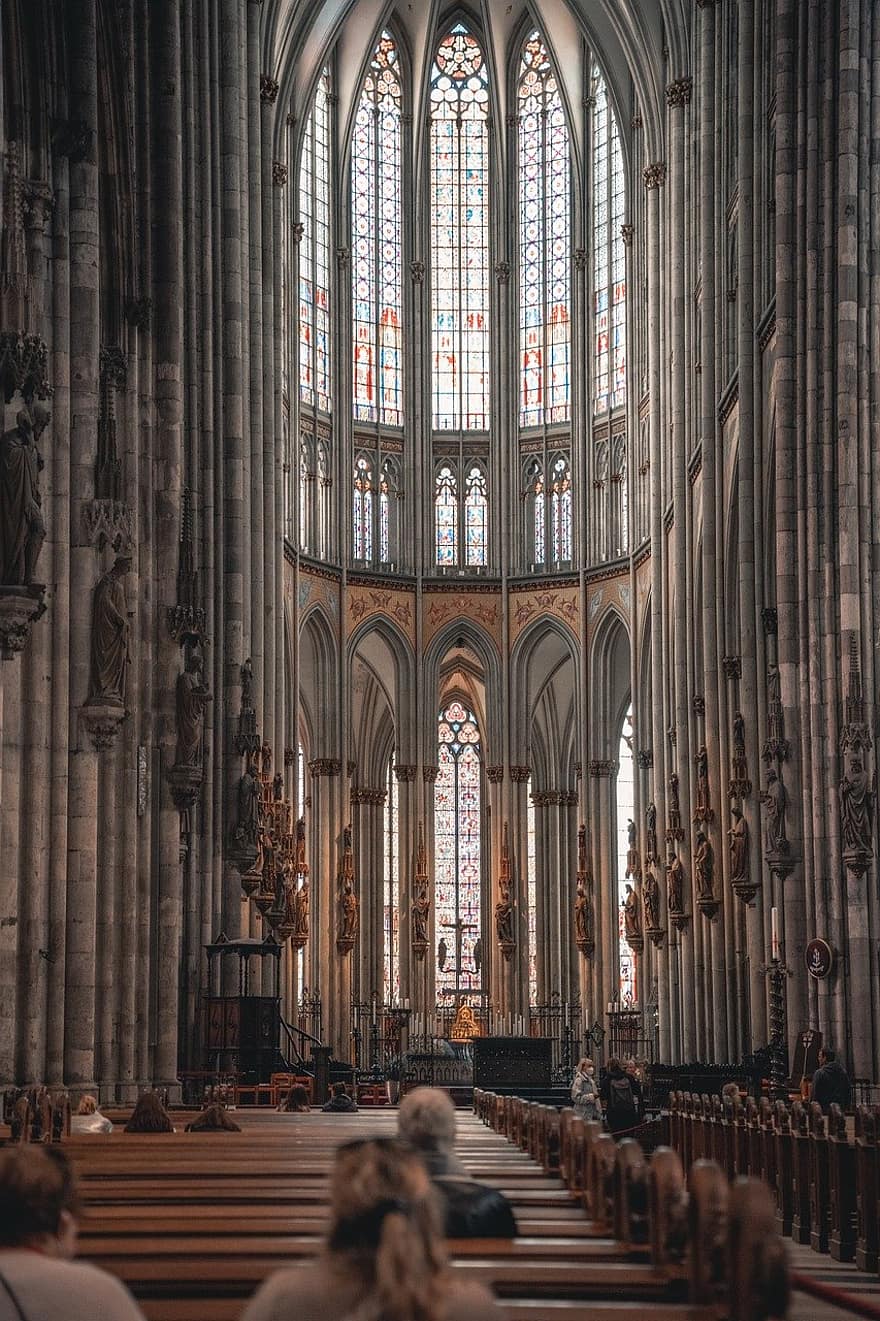 Església, Catedral de Colònia, interior, arquitectura, cúpula, vitrall, bancs, gent, massa, oració, Colònia