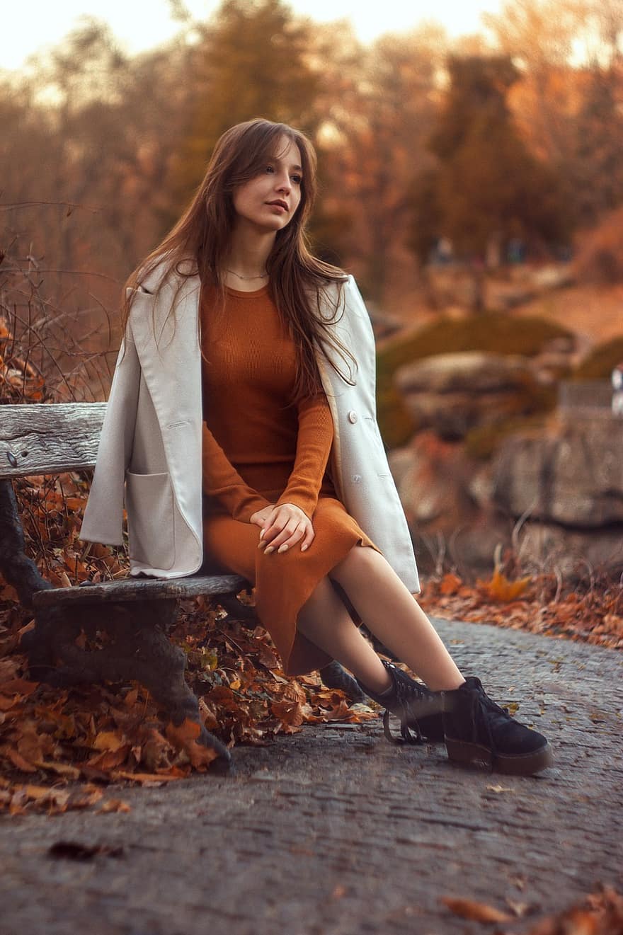 mujer, moda de otoño, otoño, bosque, parque, retrato, Moda