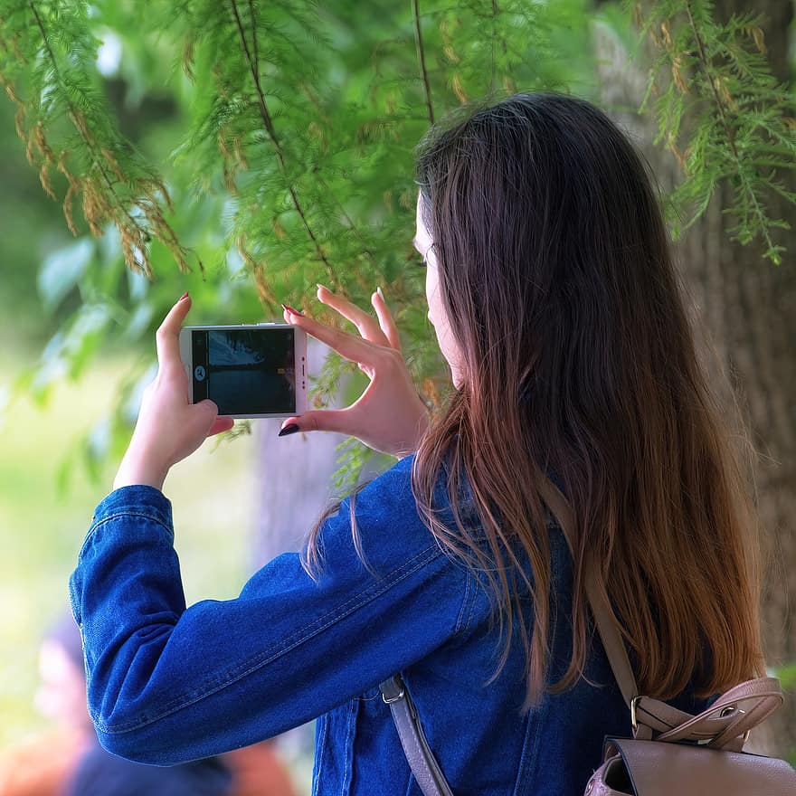 personen, ung, pige, tager foto, fotografere, smartphone, natur, sø, træer, grøn