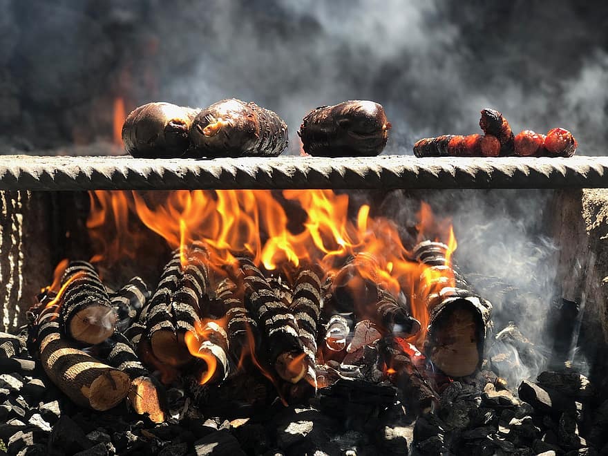 барбекю, месо на грил, подлагане на строг разпит, месо, пожар, природен феномен, пламък, топлина, температура, изгаряне, въглища