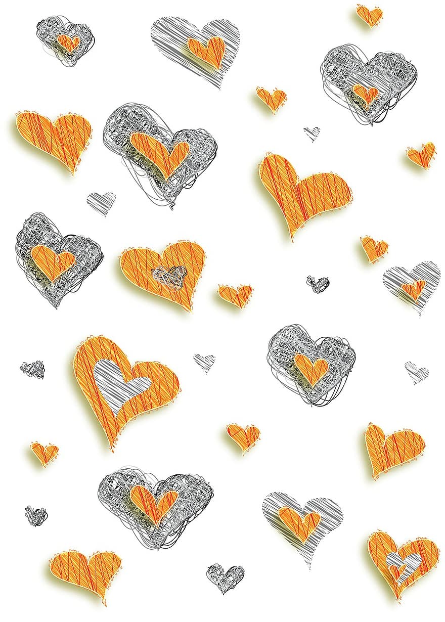 hart-, harten, oranje, rood, grijs, zilver, valentijnsdag, dag, wit, achtergrond, liefde
