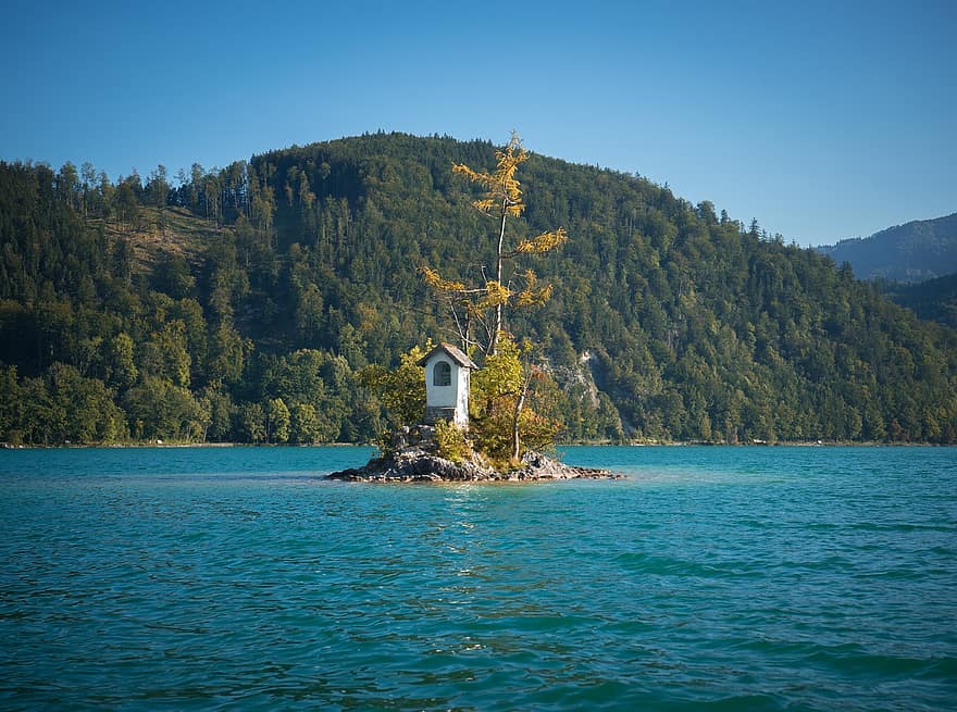 Cruz de buey, lago wolfgang, Salzkammergut, isla, lago, St Gilgen, Marterl, Austria, atracción turística, otoño, naturaleza