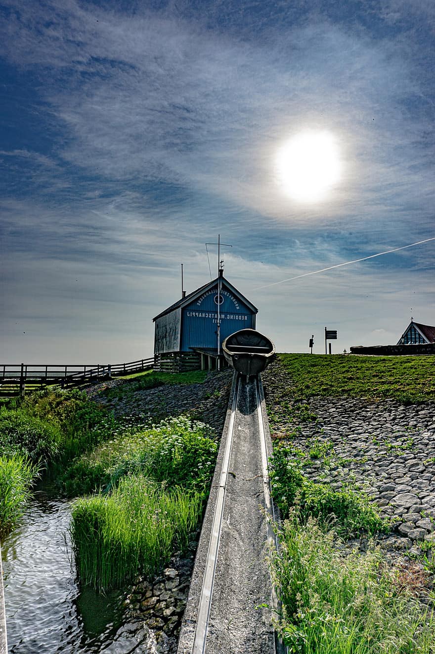 Dorf, Boot, hinten offen, Sonne, Sonnenlicht, Gebäude, historisch, Tourismus, Holland
