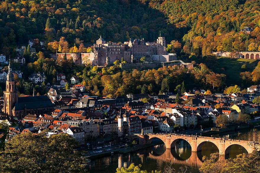rzeka, most, domy, las, Heidelberg, historycznie, historyczne centrum