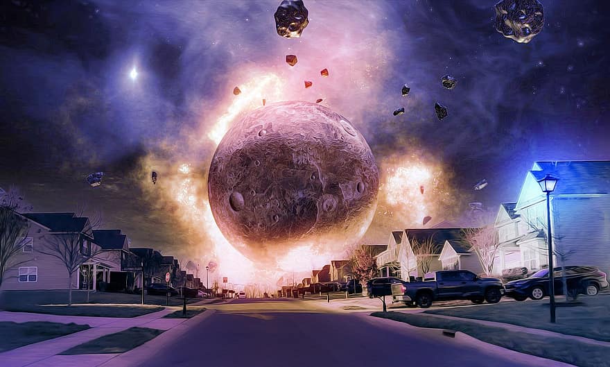 Armageddon, Apokalipszis, kisbolygó, meteor, házak, szomszédság, utca, sci-fi, tudományos-fantasztikus, megsemmisítés, veszély