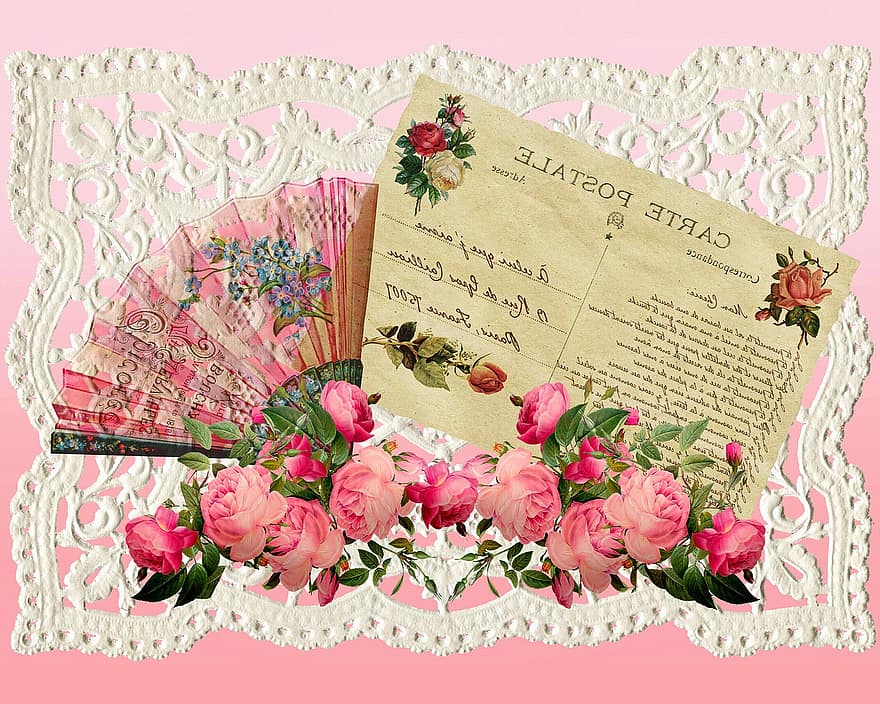 vintage pocztówka, Francuski, koronka, kwiaty, zabytkowe, Francja, papier, retro, dekoracyjny, romantyk, ślub