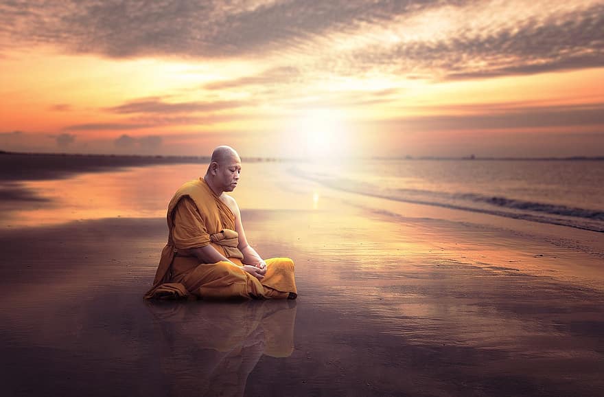 راهب ، بوذا ، تأمل ، دين ، بوذي ، زين ، انسجام ، آسيا ، يدعو ، تركيز كامل للذهن ، شاطئ بحر