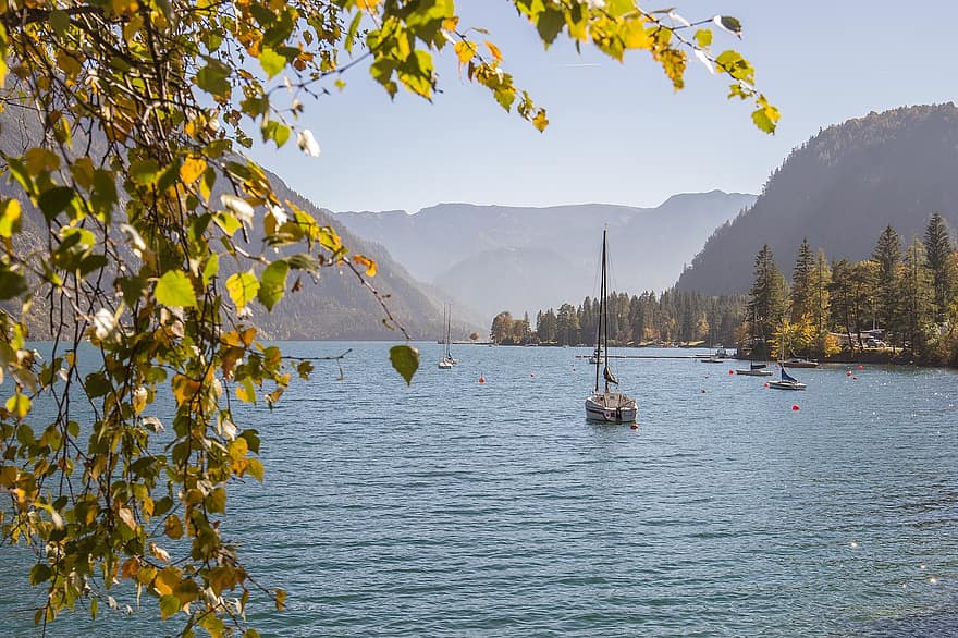 autunno, lago, barche a vela, foresta, montagne, tirolo, natura, acqua, nave nautica, albero, barca a vela