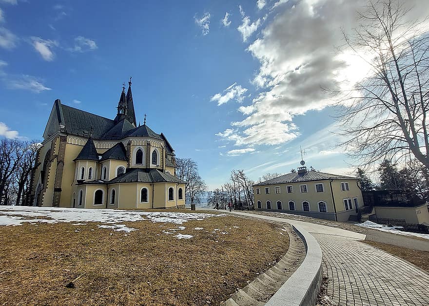 Iglesia, nieve, arquitectura, Eslovaquia, cielo, panorama, naturaleza, fondo