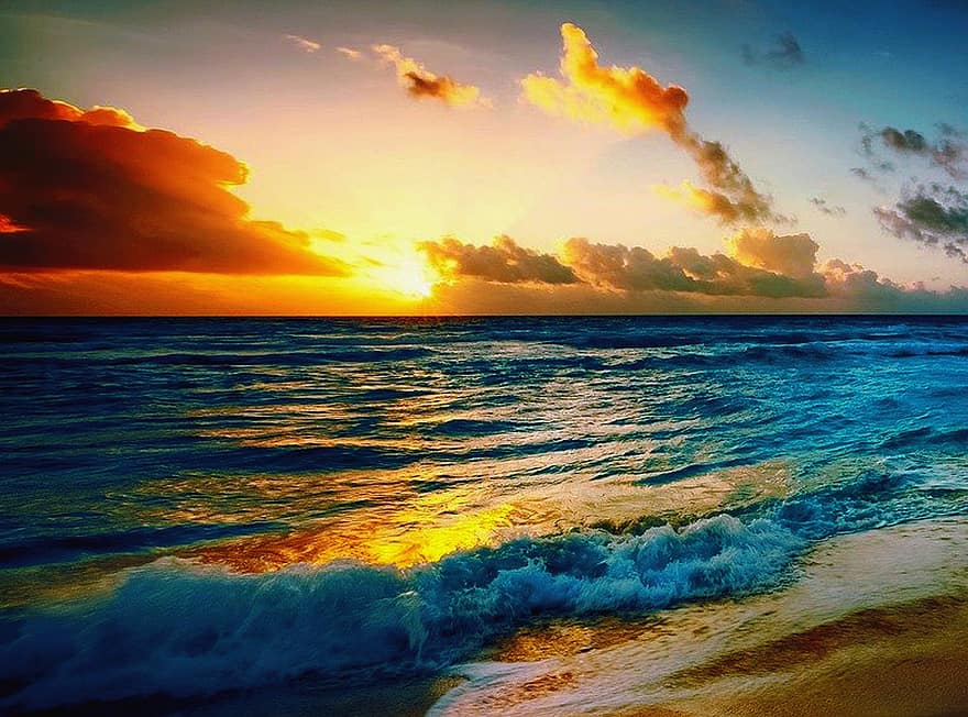 strand, óceán, tenger, Napkelte, tengeri tájkép, napnyugta, ég, víz, hajnal, szürkület, természet
