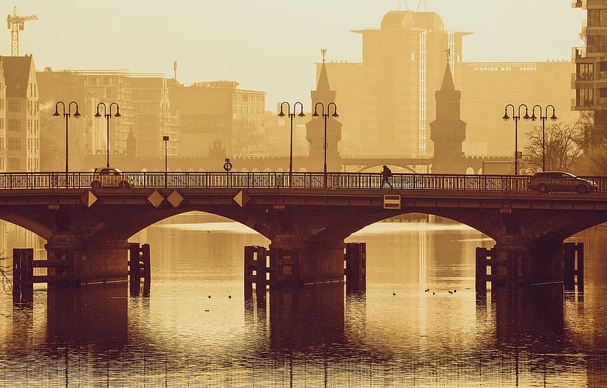 bro, flod, stadsbild, arkitektur, byggnad, berlin, strukturer