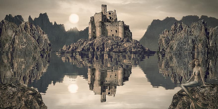 Castle, Mermaid, Rocks, Fortress, Ruins, Sea, Ocean, Lake, Reflection, Mountains, Fantasy