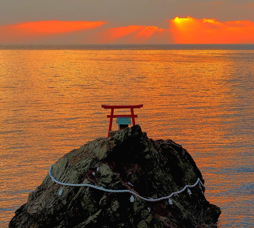 tenger, napnyugta, torii, Japán, ég, felhők, szürkület, szabadban