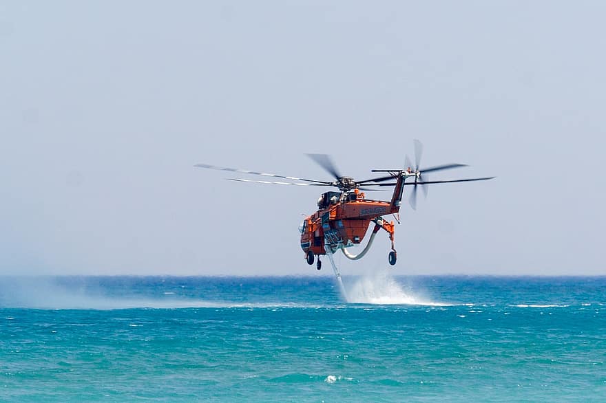 helicòpter contra incendis, aigua, recollir, mar, helicòpter, flotant, avions, Erickson, Aerogrua, extinció d’incendis, Rodes