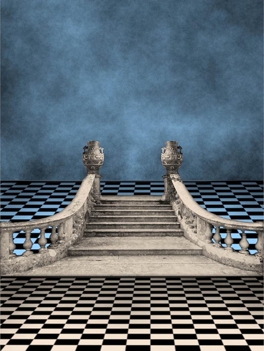 Background, Ballroom, Stairs, Staircase, Checkerboard, Floor, Dance, Blue, Gray, Black, White