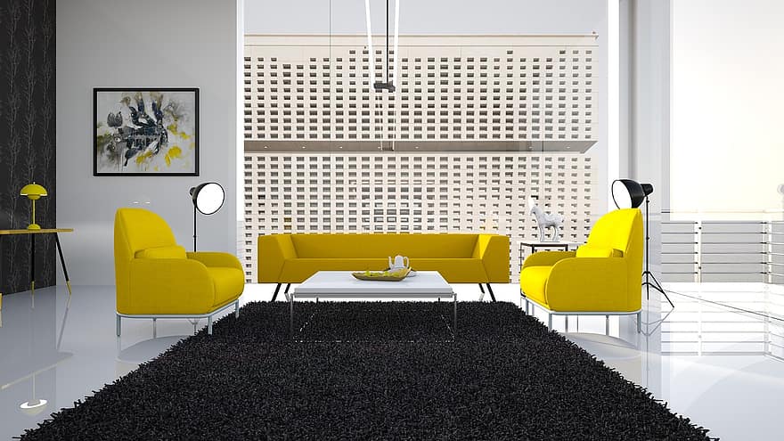 Gelb, schwarz, Stuhl, Sofa, Fenster, das Innere der, Licht, Pflasterung, Teppich, Balkon