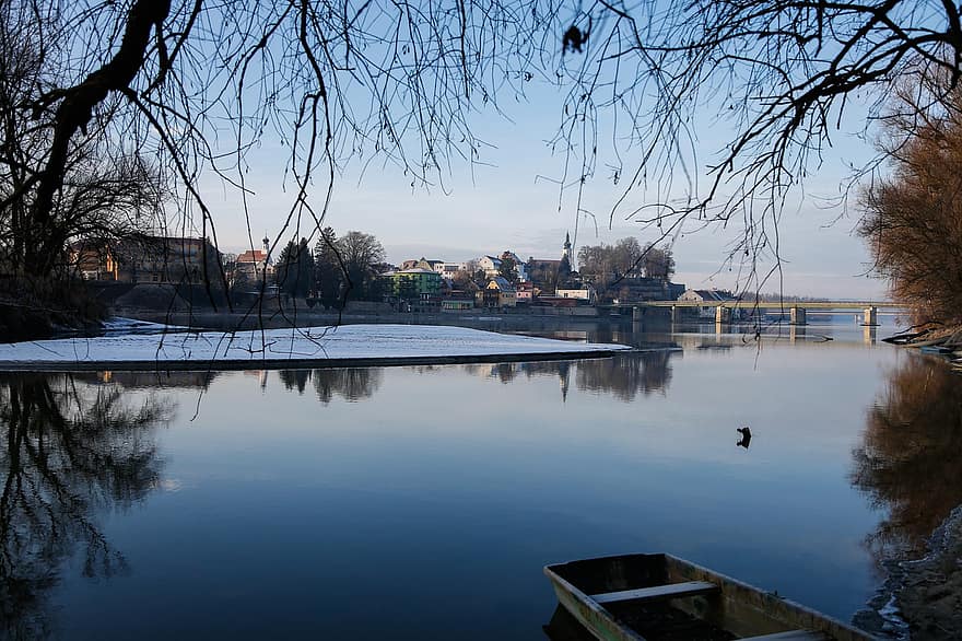 râu, oraș, Schärding, reflecţie, iarnă, rece, de iarnă, magia de iarnă, idilic, urban, Han River