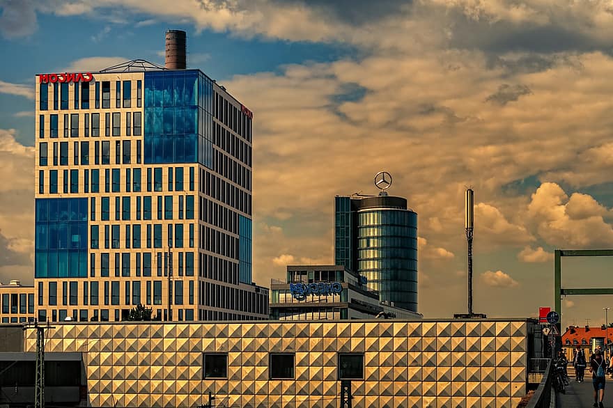 bygning, arkitektur, fasade, moderne bygning, kontorbygg, skyskraper, by, Urban, hovedstad, München, bavaria