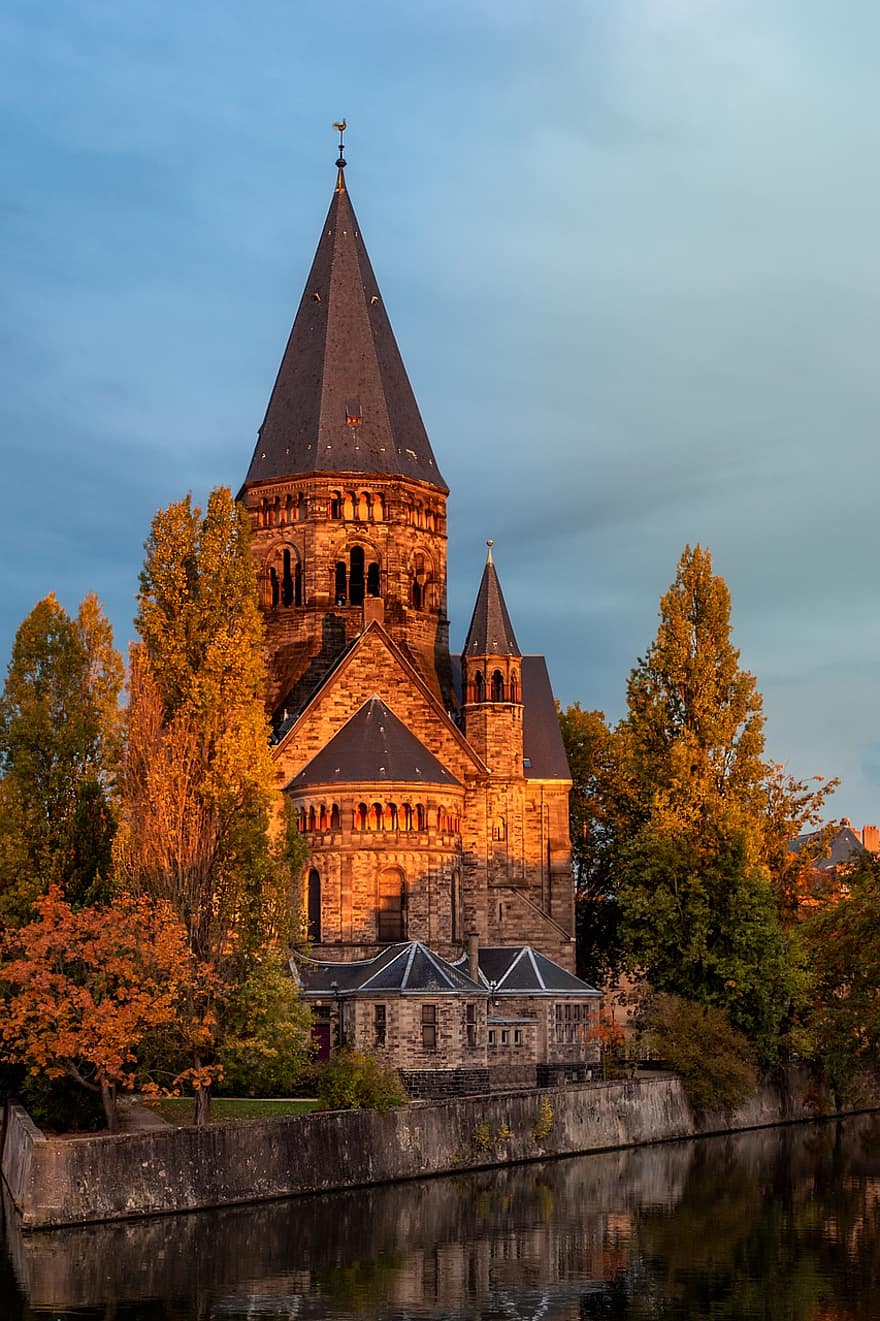 Church, Sunset, Golden Hour, River, Tower, Church Tower, Building, Facade, Architecture, Stoneworks, Masonry
