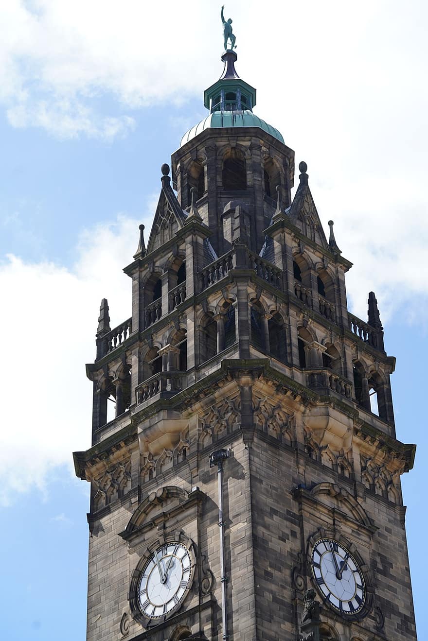 Town Hall, Tower, Clock, Landmark, Old Building, Building, Sheffield