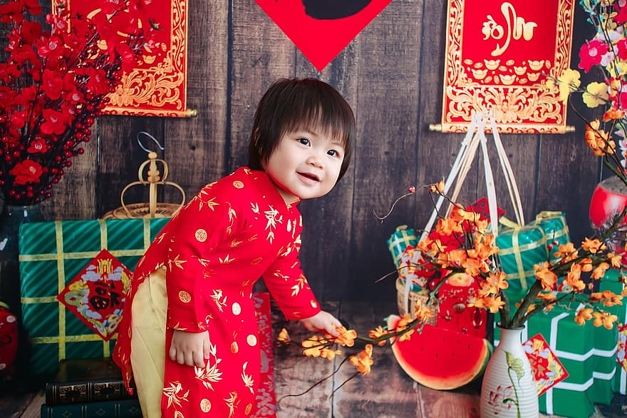 子、伝統衣装、青大、若い、幼児、テト、TếtNguyênđán、ベトナムの月の正月、ベトナム人、ベトナム、贈り物