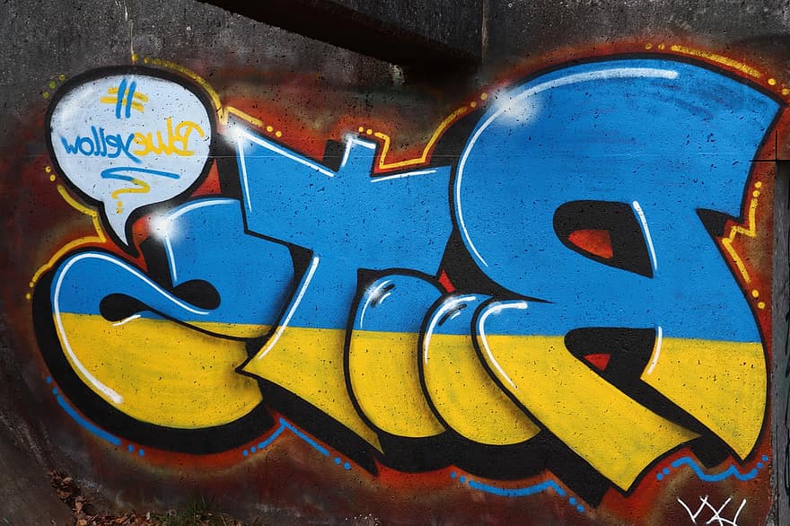 graffiti, støvler, vegg, blå, gul, lette, spray art, veggmaleri, vegg kunst, gatekunst, kreativitet