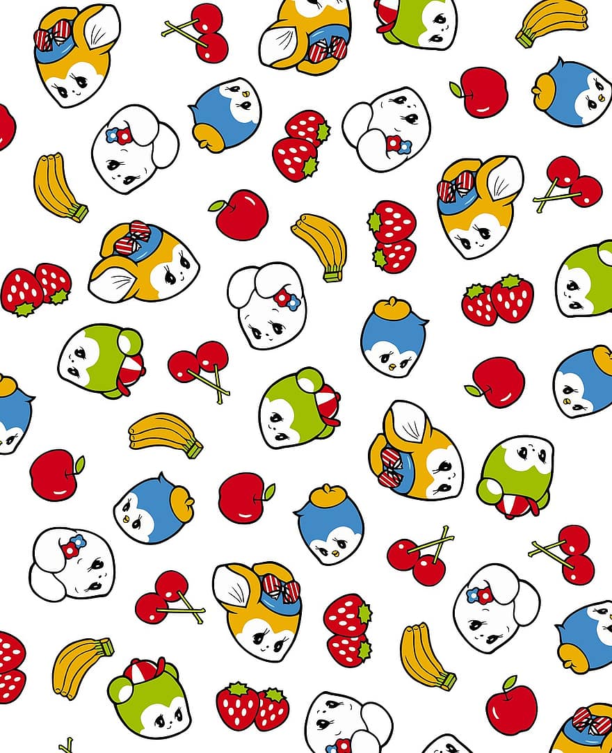 fruit, dier, spotprent, patroon, aardbei, appel, kers-, schattig, ontwerp, decoratief, achtergrond