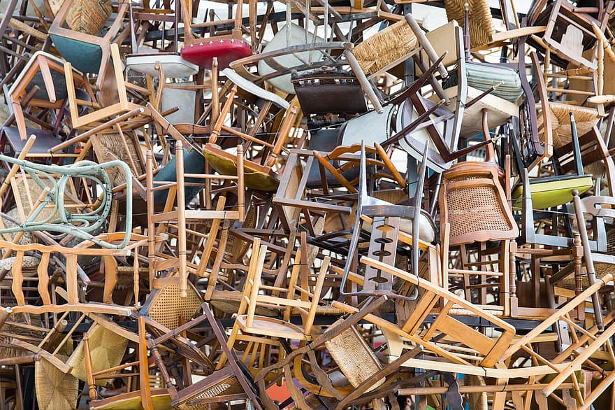 Nhiều cái ghế, bộ sưu tập, ghế đẩu, cổ điển, trừu tượng, ghế bành, thăng bằng, đổ, đồ nội thất, cái ghế, kim loại