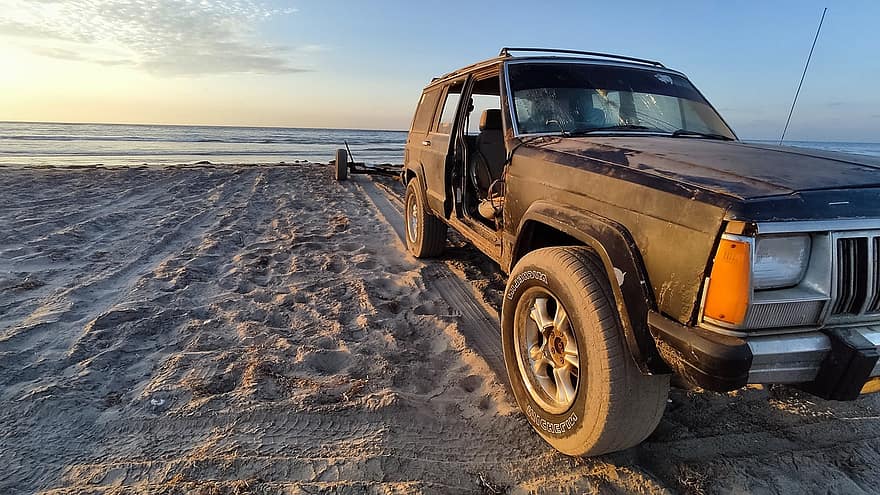 jeep, cherokee, moho, costa, camion de trabajo, Las Barrancas, mexico, baja, puesta de sol, mar