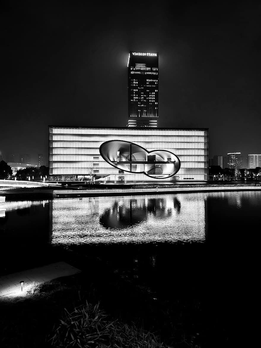 noapte, oraș, Teatrul Poli din Shanghai, Shanghai Poly Grand Theatre, China, arhitectură, reflecţie, exteriorul clădirii, zgârie-nori, modern, alb-negru
