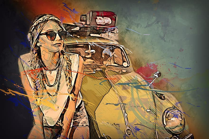 γυναίκα, σκαθάρι, volkswagen, κλασικό αυτοκίνητο, ελεύθερος χρόνος, σε εξωτερικό χώρο, πρόσωπο, γυαλιά ηλίου, ταξίδι, καλοκαίρι, φωτογραφία τέχνη
