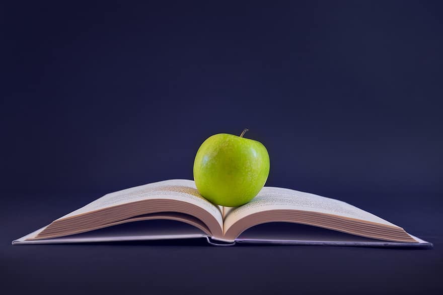 äpple, frukt, bok, litteratur, utbilda, läxa, organisk, kreativ, objekt, hälsosam, pedagogisk