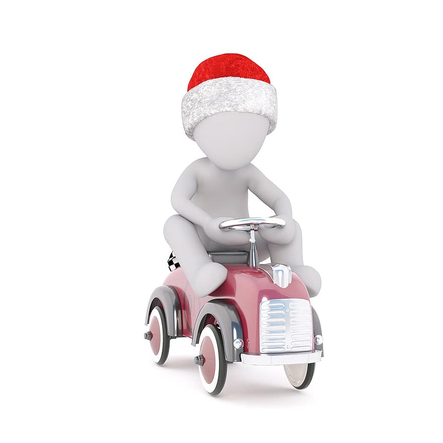 Crăciun, alb mascul, corp întreg, santa hat, Model 3D, figura, izolat, mașină model, conduce, curse de mașini, mașină de curse
