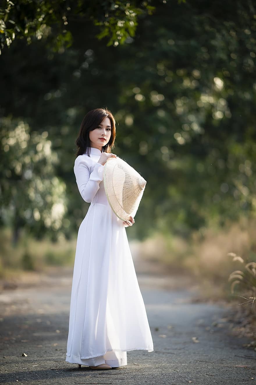 ao dai, móda, žena, vietnamština, White Ao Dai, Vietnamské národní šaty, Vietnamský klobouk, kuželovitý klobouk, tradiční, oblečení, Krásná