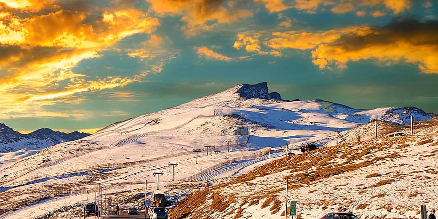 skisportssted, solnedgang, vinter, bjerge, skyer, bjerg, sne, bjergtop, landskab, bjergkæde, sport