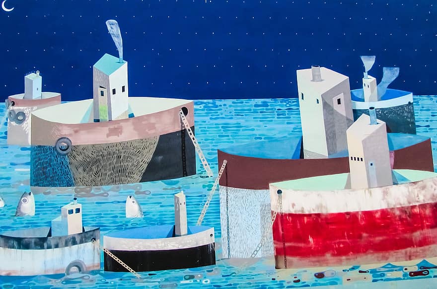 चित्र, भित्ति चित्र, दीवार, नाव, मछली, कला, मछली बाज़ार, यूनान, Volos, शहरी, नीली मछली