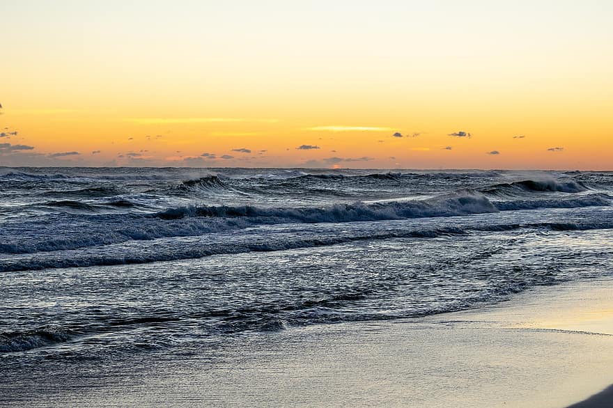 ビーチ、夜明け、サーフィン、海洋、砂、水、太陽、日の出、雲、波、自然