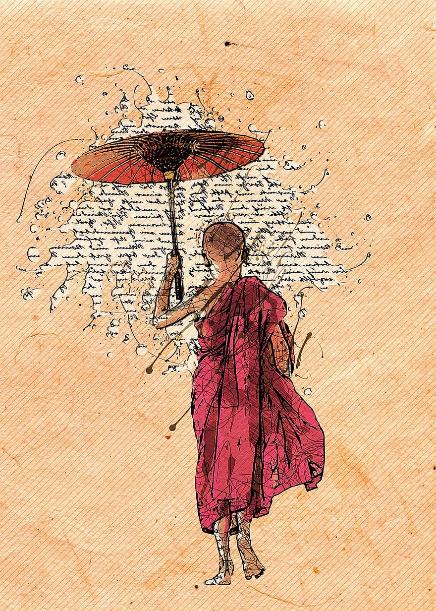 mnich, buddyjski mnich, grafika, portret, religia, parasol, ilustracja, kobiety, deszcz, mężczyźni, kultury