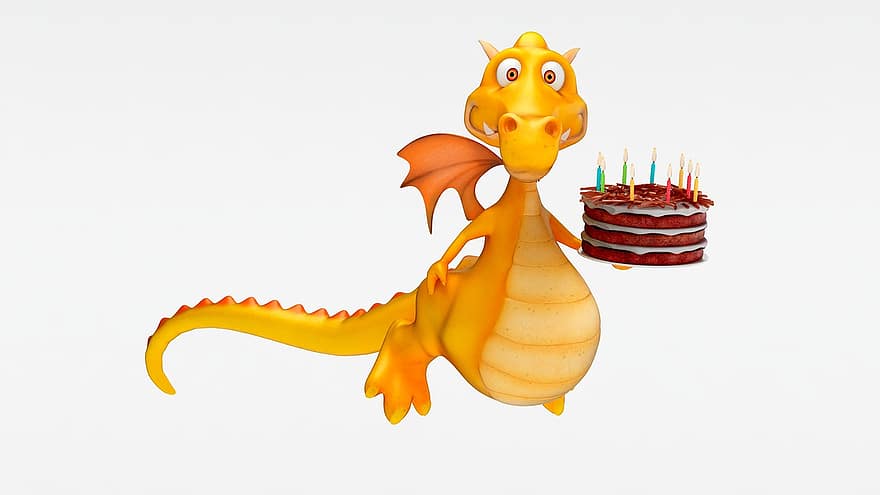 Alles Gute zum Geburtstag, Drachen, 3d, Karikatur, Kuchen, Schokolade, Party, Illustration, süß, Spaß, Lebensmittel