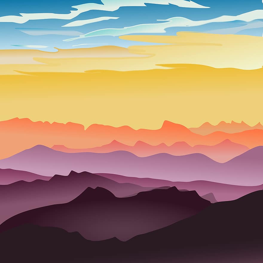 puesta de sol, montañas, naturaleza, cielo, papel pintado, arte digital, nubes