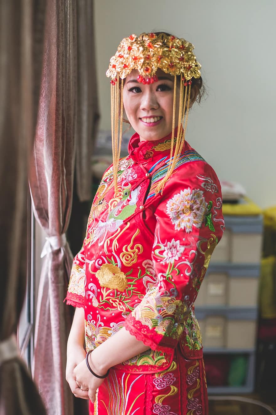 novia, Boda, Coronas de Fénix, tradicional, chino, cultura, matrimonio, hembra, vestido, nupcial