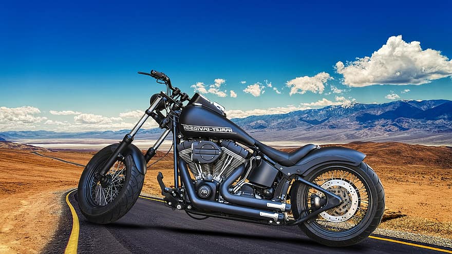 Motorbike, Motorcycle, Harley Davidson, Chopper, American Motorcycle, Transportation, Desert, Road, Travel, Landscape