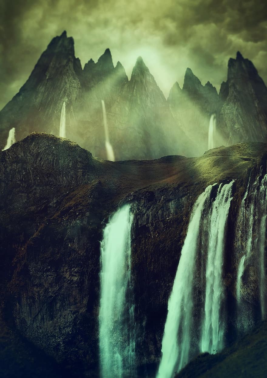 водоспади, гори, рок, ущелина, краєвид, туман, сонце, атмосфера, епічний, містичний, настрій